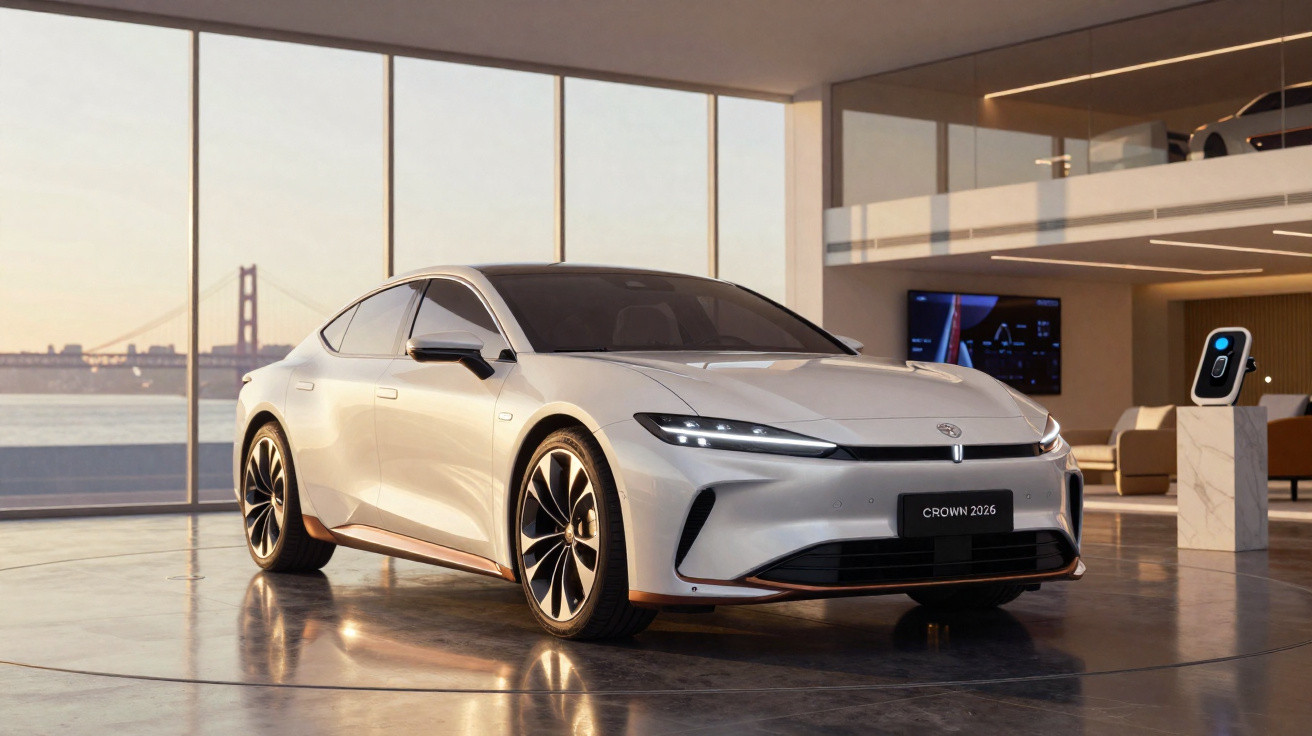 Carro elétrico branco modelo Crown 2026 em ambiente interno moderno com janelas grandes e vista para ponte.