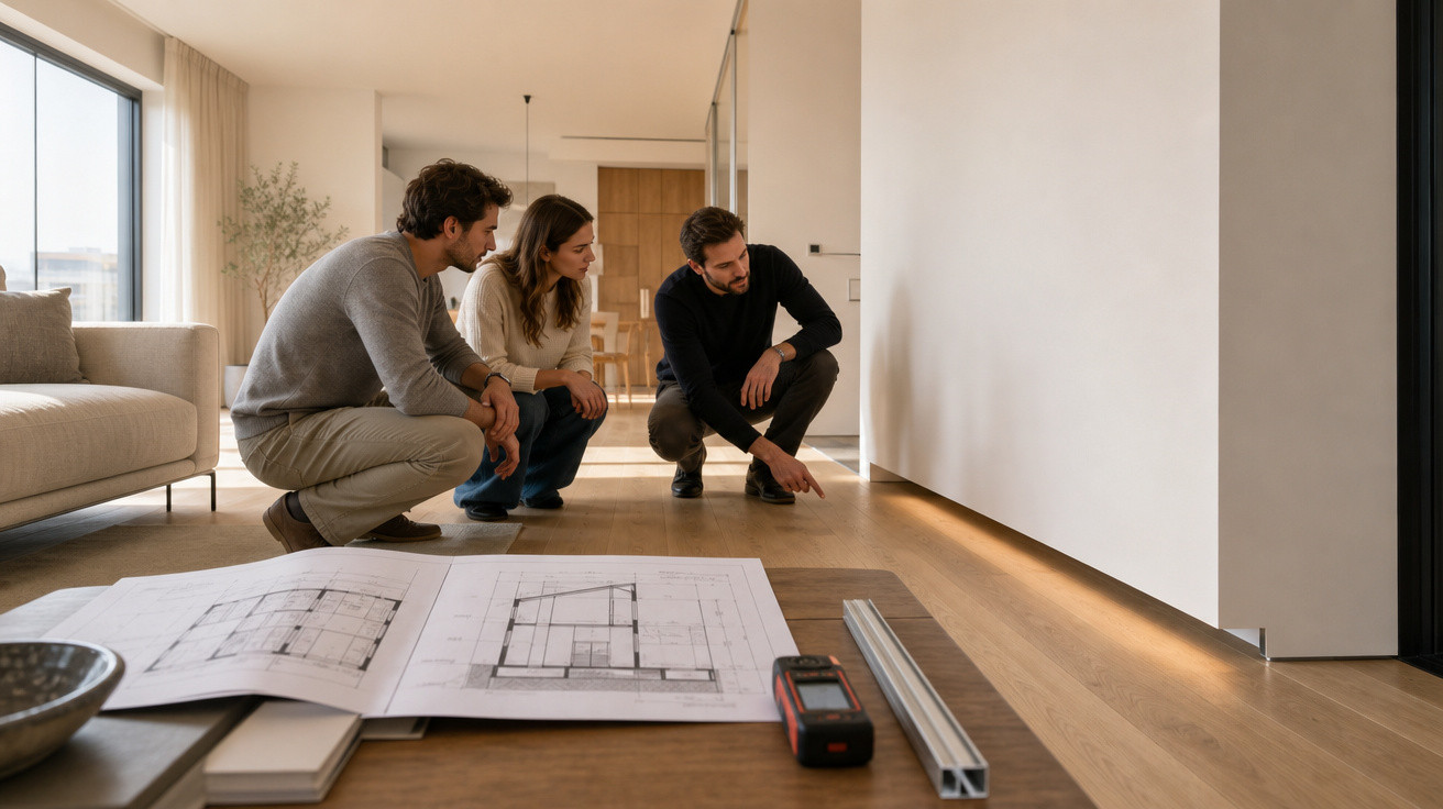 Três pessoas observando o piso de um apartamento moderno, com planta baixa e ferramentas na mesa próxima.