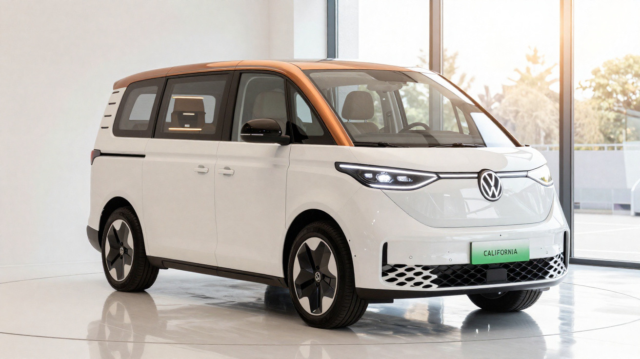 Carro elétrico Volkswagen ID.Buzz California branco com teto marrom exibido em showroom moderno.