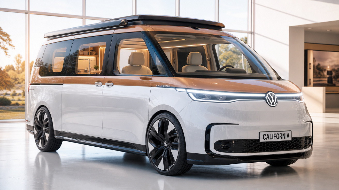 Van elétrica Volkswagen California branca com detalhes em marrom, em showroom iluminado e moderno.