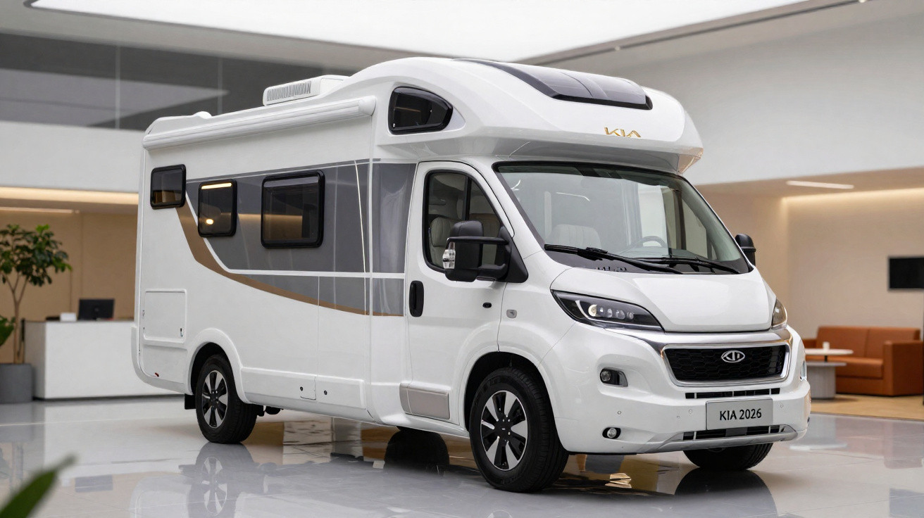 Motorhome branco e cinza da Kia modelo 2026 em ambiente interno moderno e iluminado.