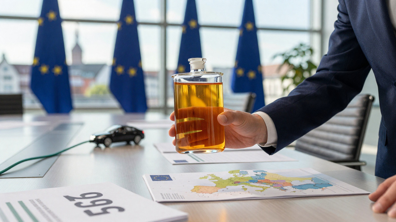 Mão segurando frasco com líquido amarelo sobre mesa com mapa da Europa, bandeiras da União Europeia ao fundo.