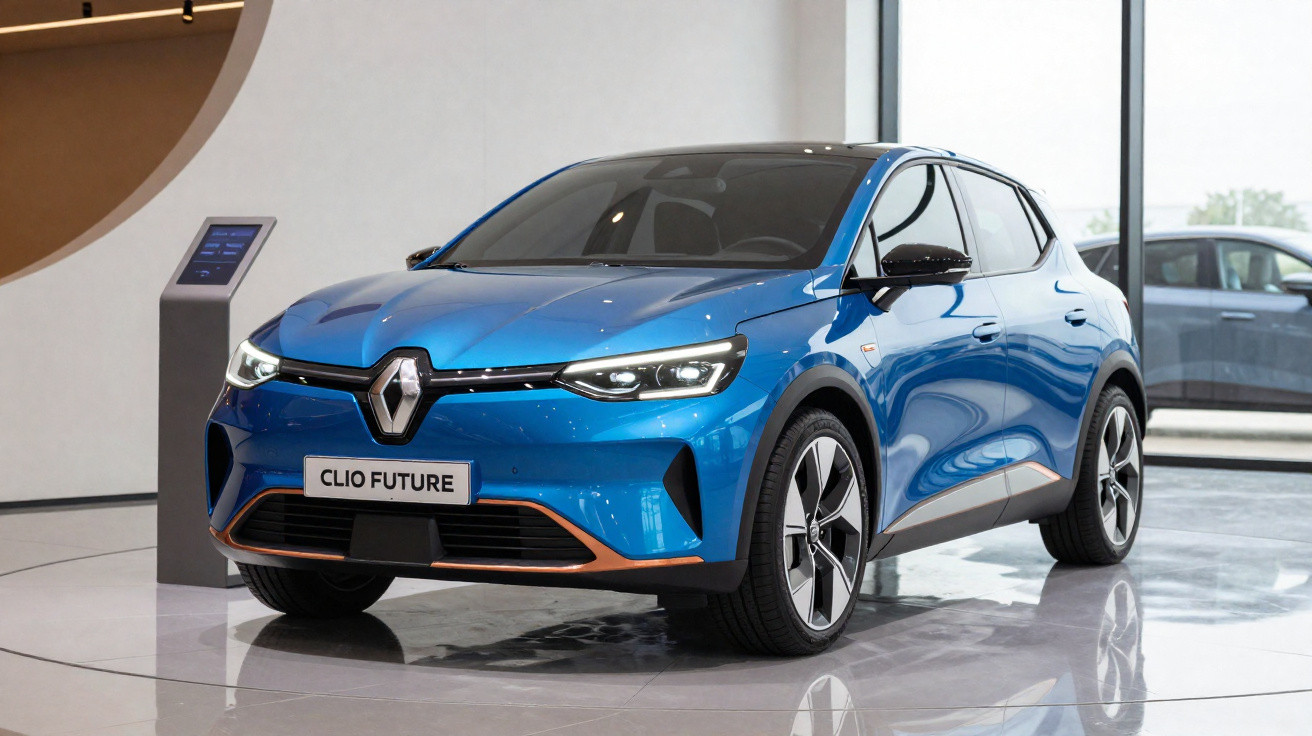 Carro elétrico azul Renault Clio Future exibido em showroom moderno e iluminado.