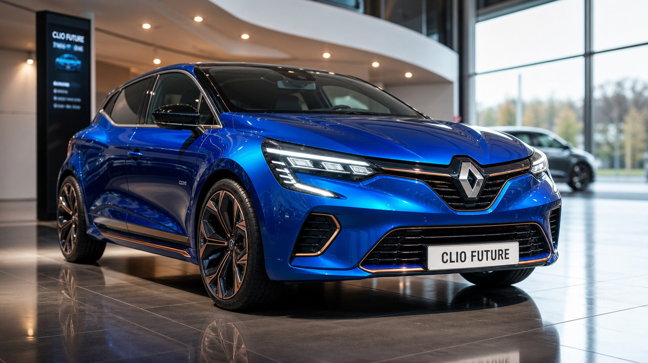 Carro azul Renault Clio Future em exposição interna com iluminação moderna e piso refletivo.