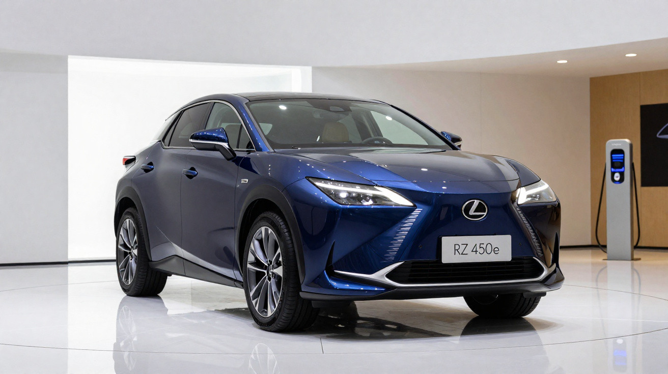 Carro elétrico Lexus RZ 450e azul exibido em ambiente moderno com estação de recarga ao fundo.