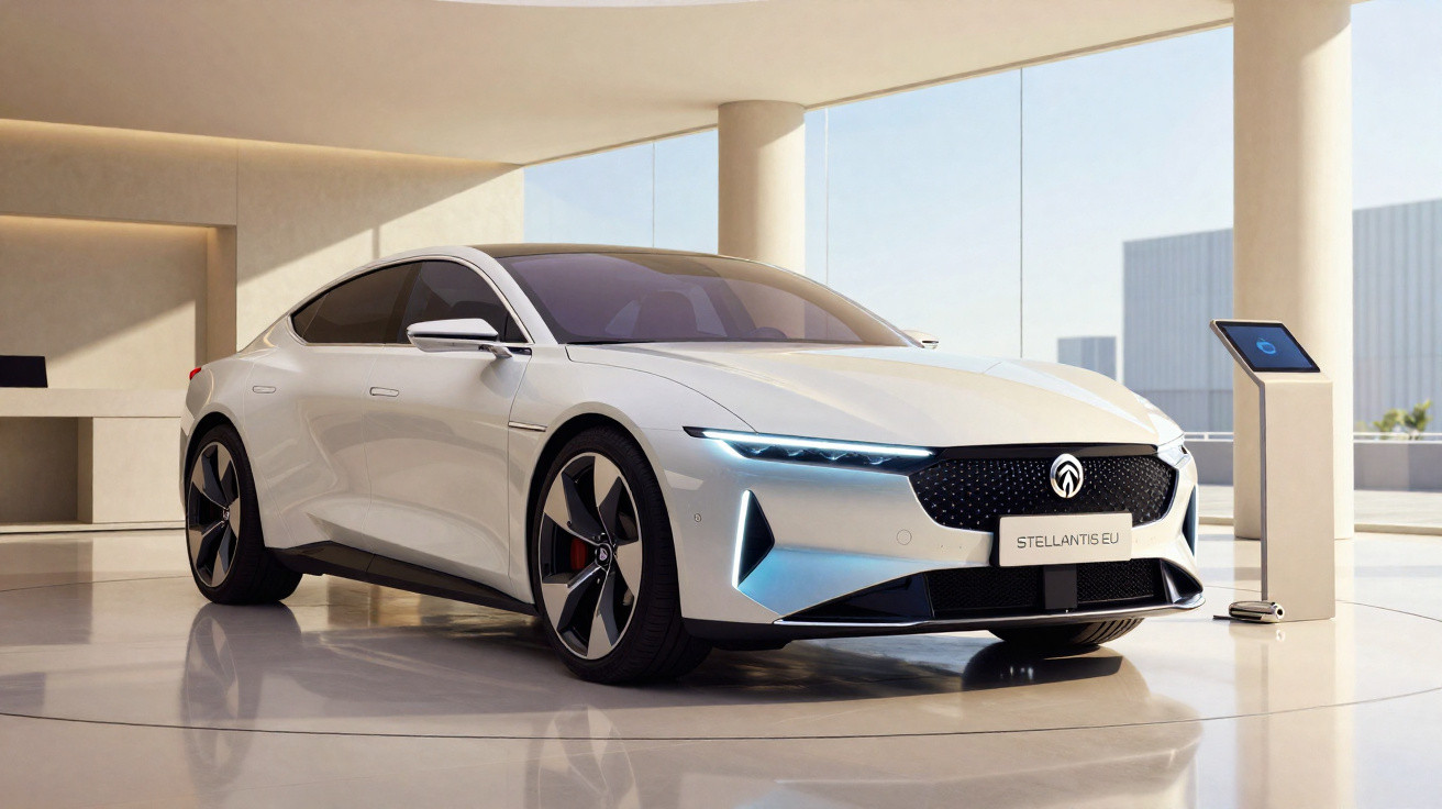 Carro branco elétrico moderno com design aerodinâmico em salão de vidro iluminado.
