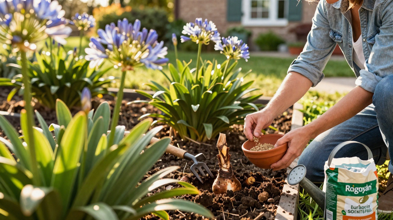 Pessoa plantando bulbo em jardim com flores lilases e ferramentas de jardinagem ao redor.