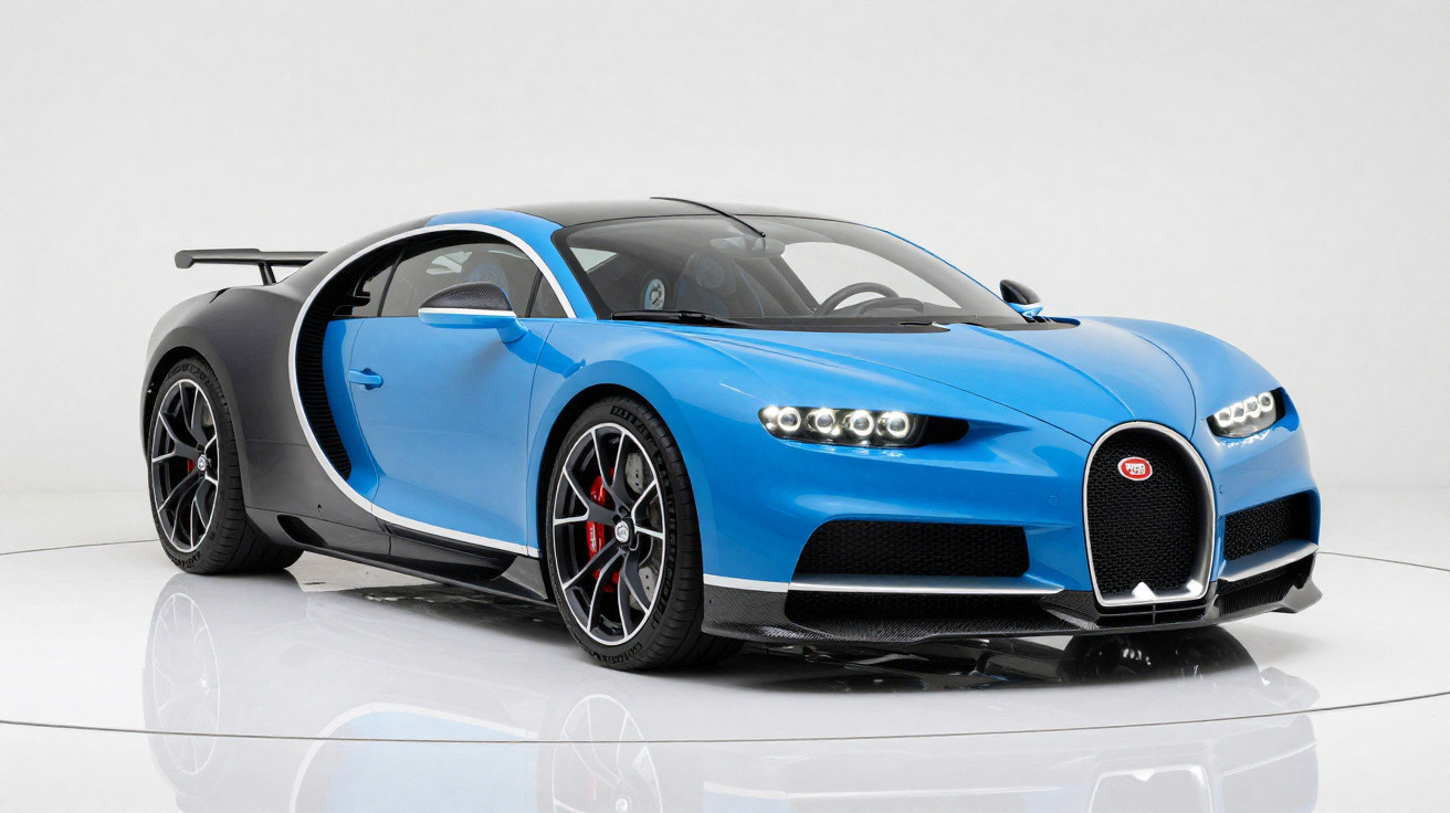 Carro esportivo Bugatti Chiron azul com detalhes pretos em estúdio com fundo branco.