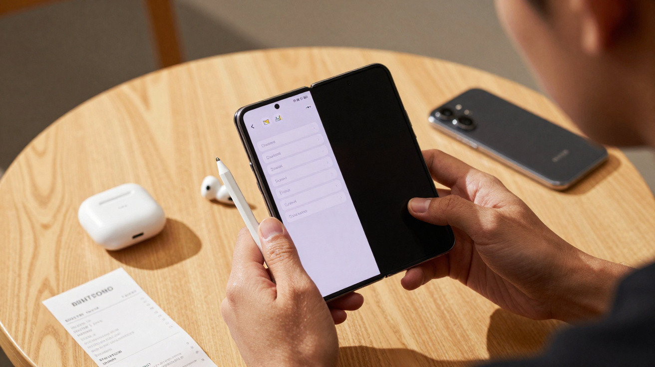 Pessoa segurando celular dobrável aberto com caneta, sobre mesa com fone sem fio, smartphone e nota fiscal.