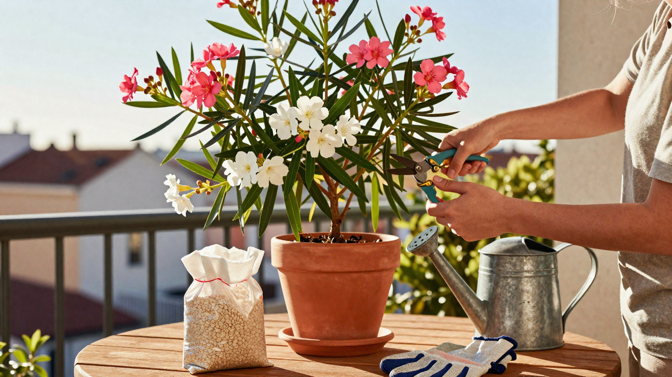 Pessoa podando planta com flores rosas e brancas em vaso de barro em varanda ensolarada, ao lado de regador e luvas.