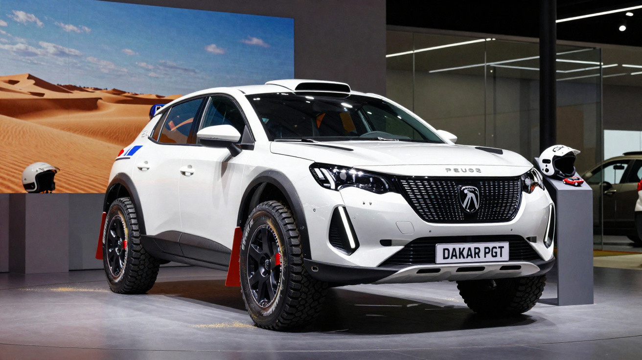 Carro SUV branco Peugeot Dakar PGT em exposição, com pneus off-road e capacetes ao lado.