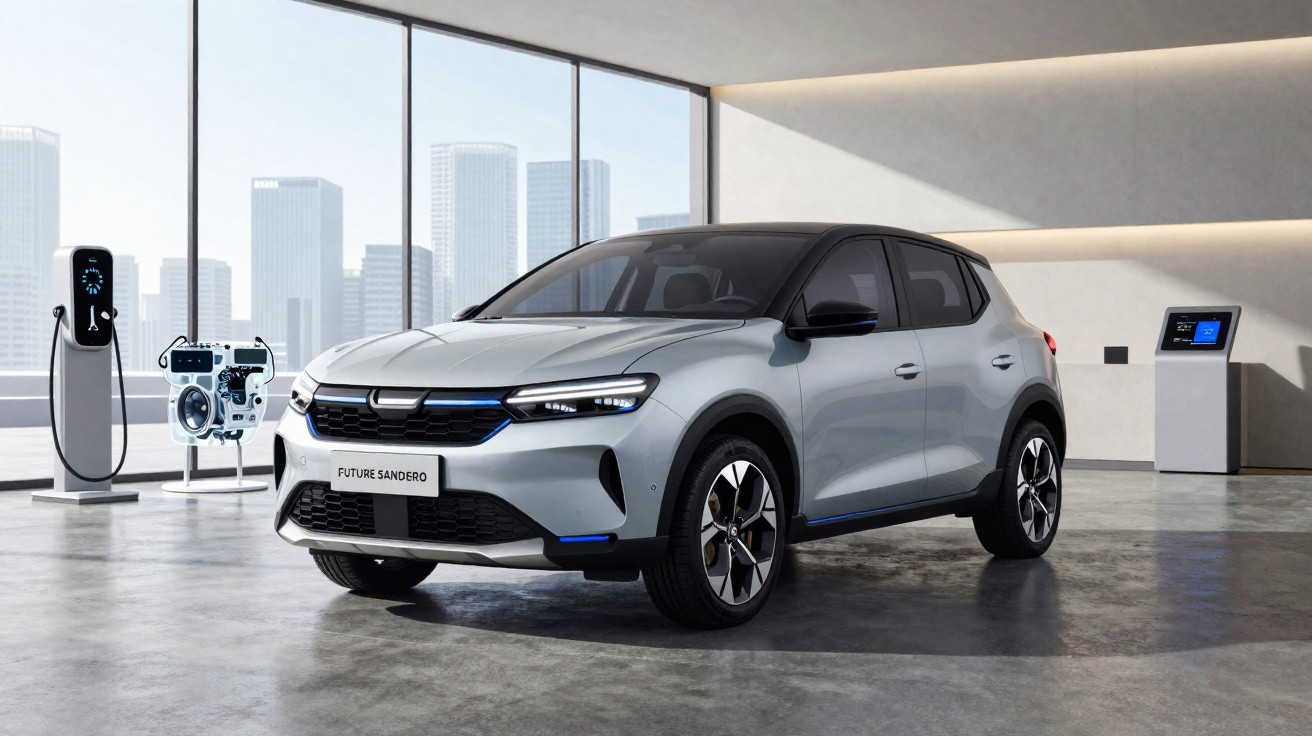 Carro elétrico Future Sandero prata estacionado em ambiente moderno com parede de vidro e equipamentos tecnológicos.