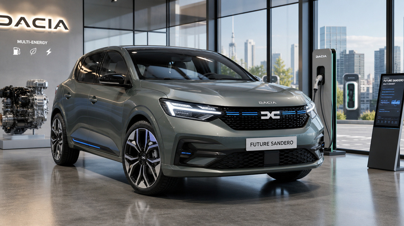 Carro elétrico Dacia Future Sandero cinza exibido em showroom futurista com carregador ao lado.