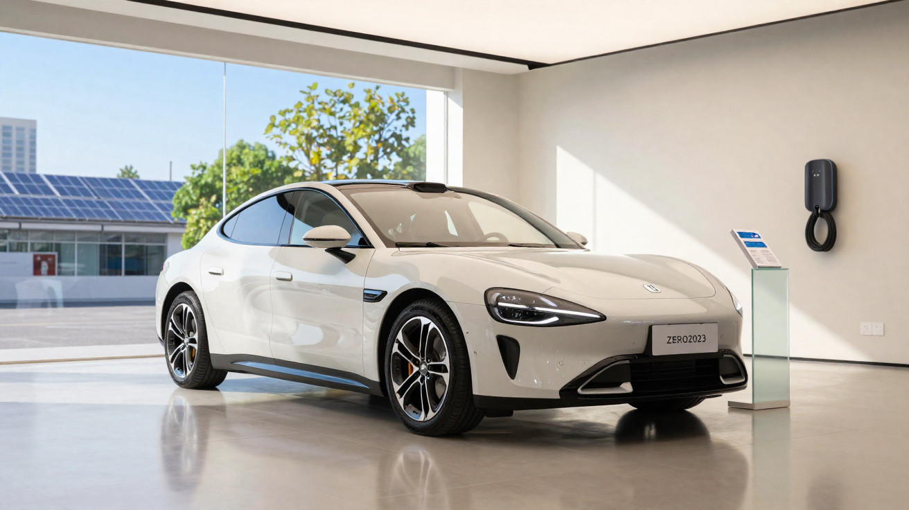 Carro elétrico branco em showroom moderno com carregador na parede ao fundo.