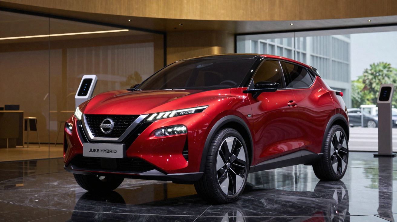 Carro Nissan Juke Hybrid vermelho em ambiente interno moderno com piso espelhado.