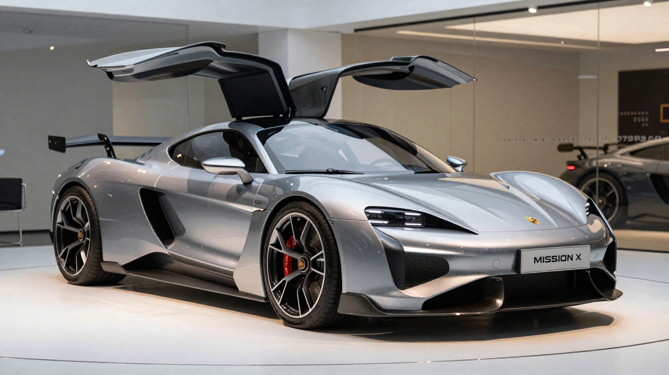 Carro esportivo prata Porsche Mission X com portas abertas em exposição interna moderna.