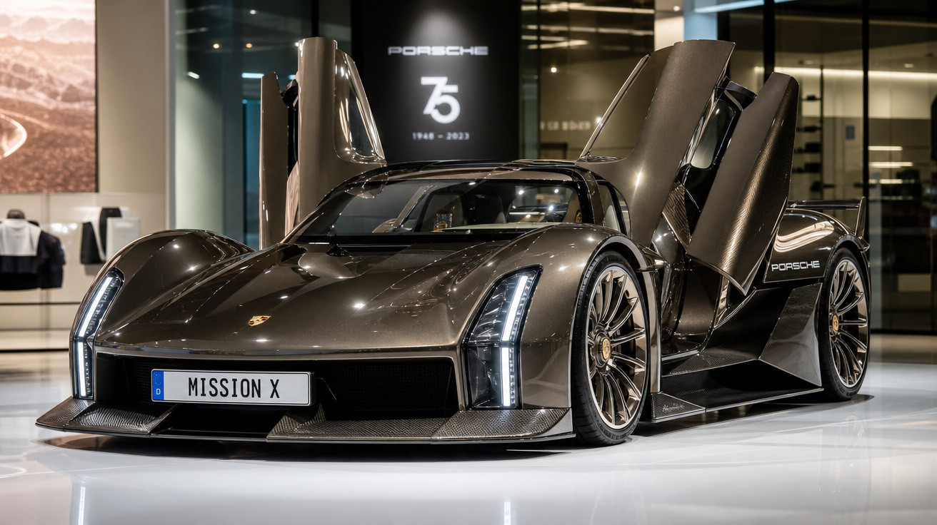 Carro esportivo elétrico Porsche Mission X com portas abertas em showroom moderno.