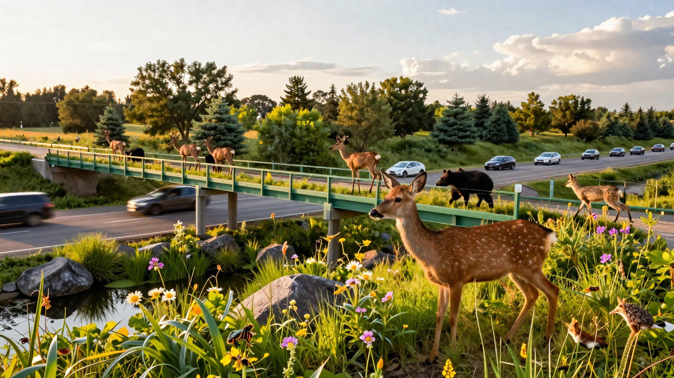 Veados e um urso atravessando uma ponte verde sobre estrada movimentada em área com plantas e flores.