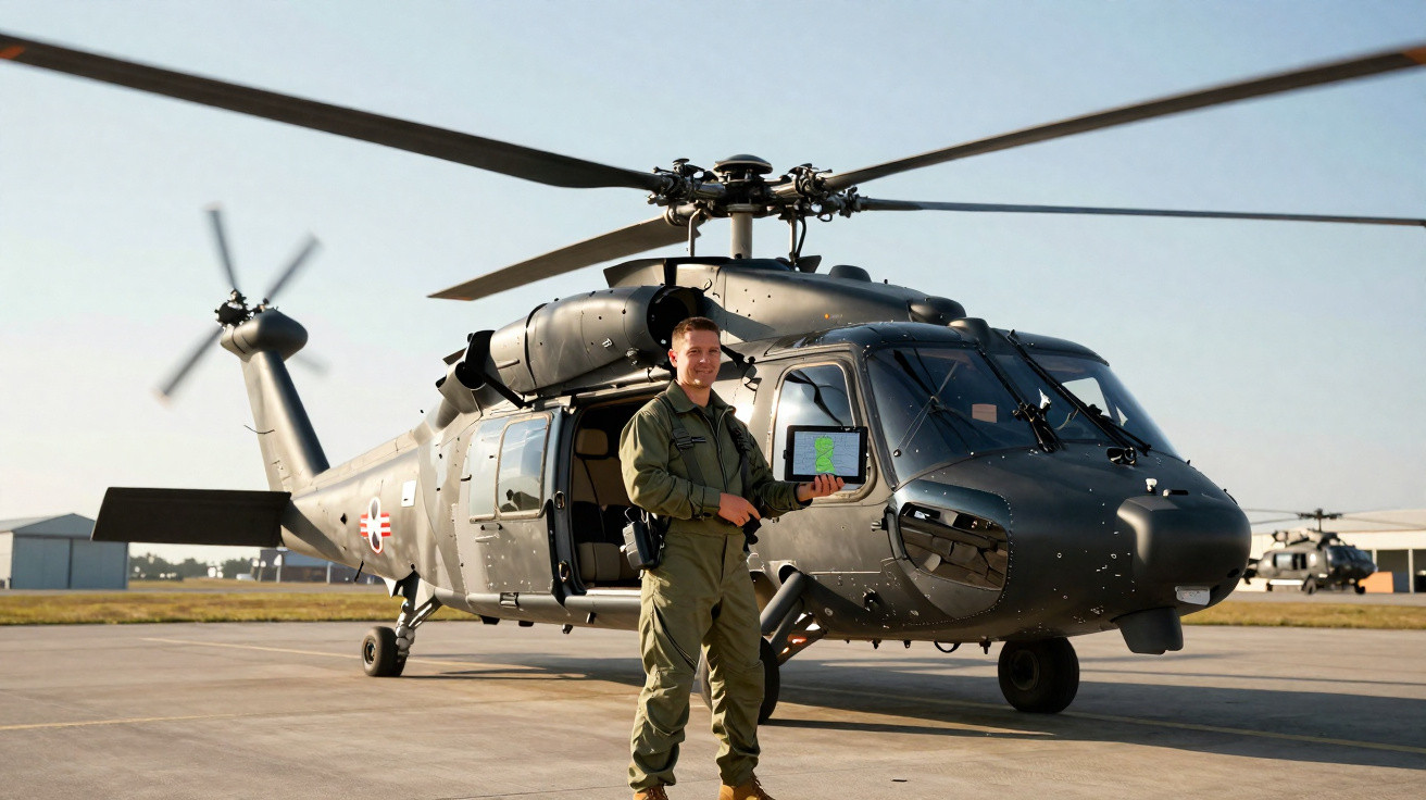 Homem em uniforme militar com tablet em frente a helicóptero cinza estacionado em pista de aeródromo.