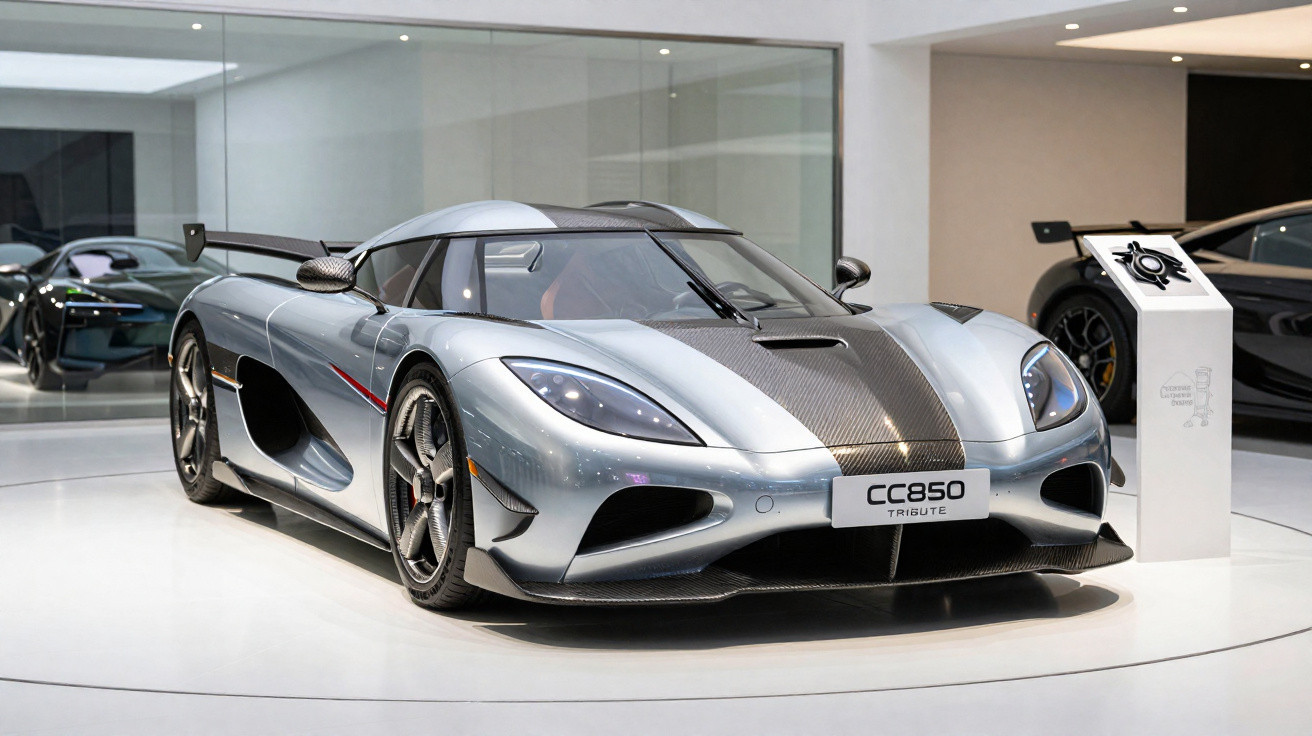 Carro esportivo prata Koenigsegg CC850 exposto em showroom moderno com iluminação branca.