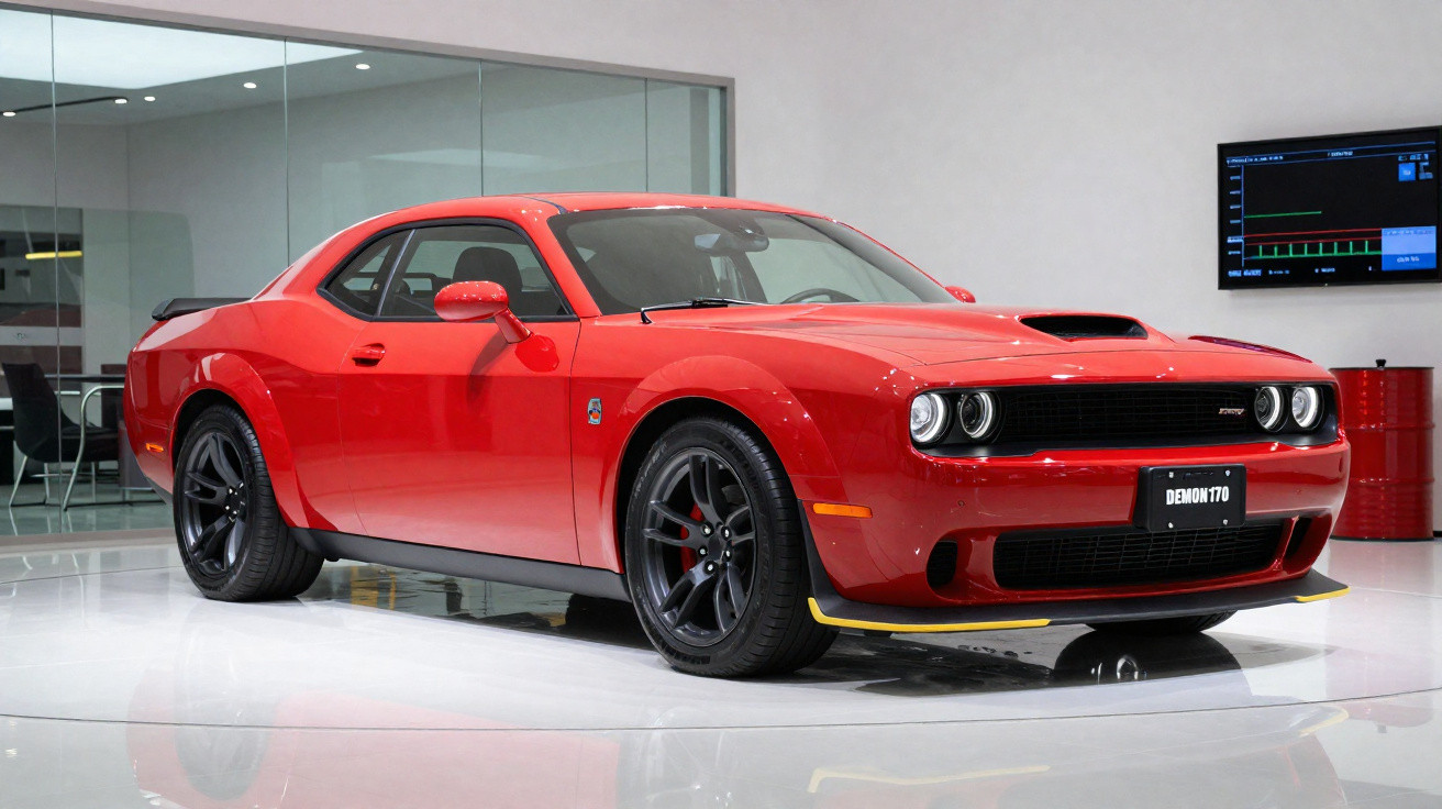 Carro esportivo vermelho Dodge Challenger Demon 170 estacionado em showroom moderno com piso branco.