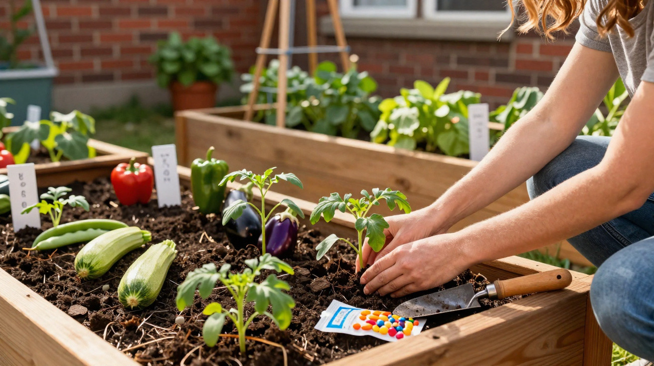 Pessoa plantando mudas em uma horta elevada com vegetais como pimentão, berinjela e abobrinha.