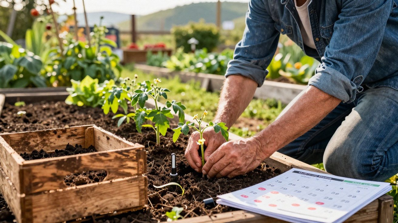 Pessoa plantando muda em canteiro de madeira com calendário e caixa de madeira ao lado, em horta ao ar livre.