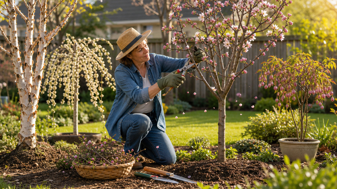 Mulher com chapéu podando árvore florida rosa em jardim ensolarado, cercada por ferramentas de jardinagem.