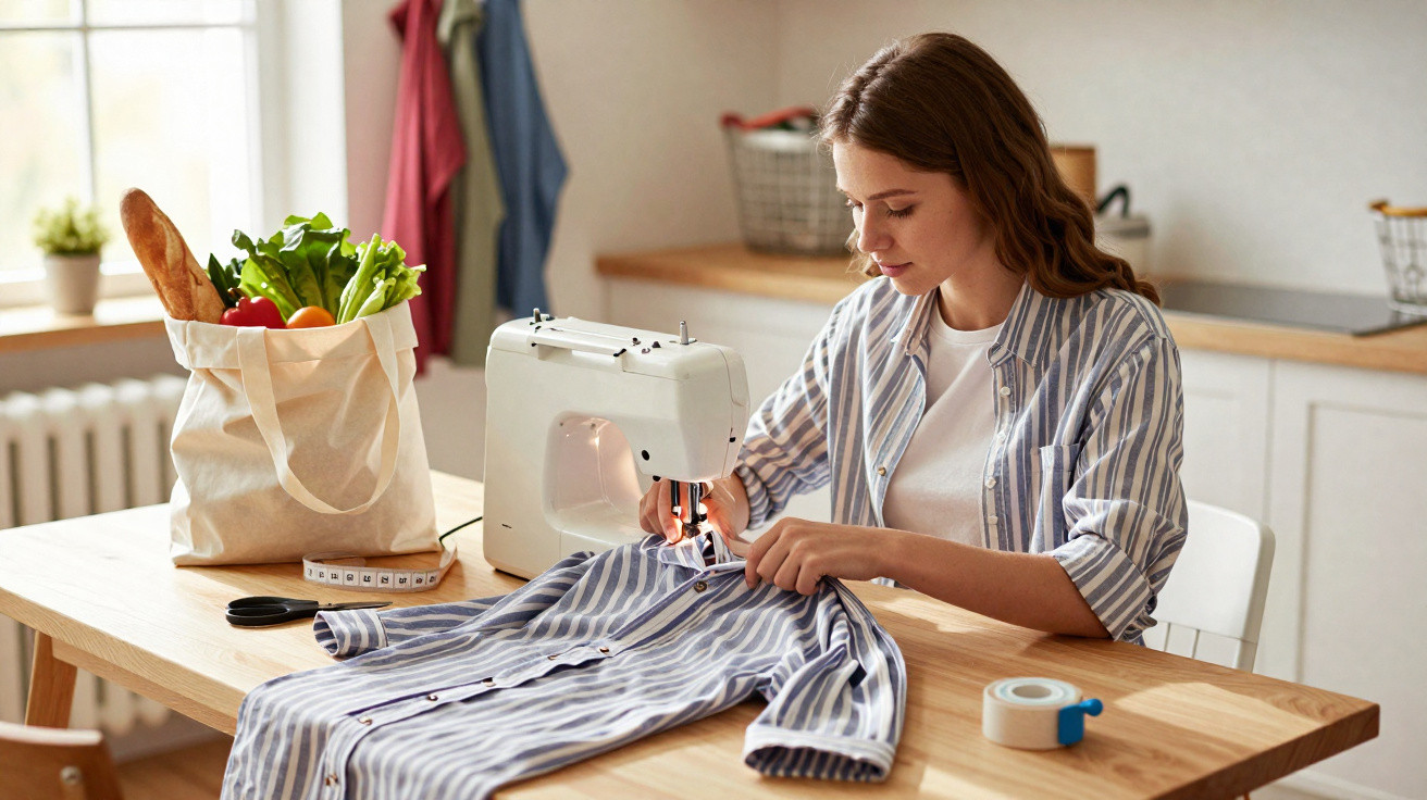 Mulher costurando camisa listrada em máquina de costura numa mesa com sacola de compras e fita métrica.