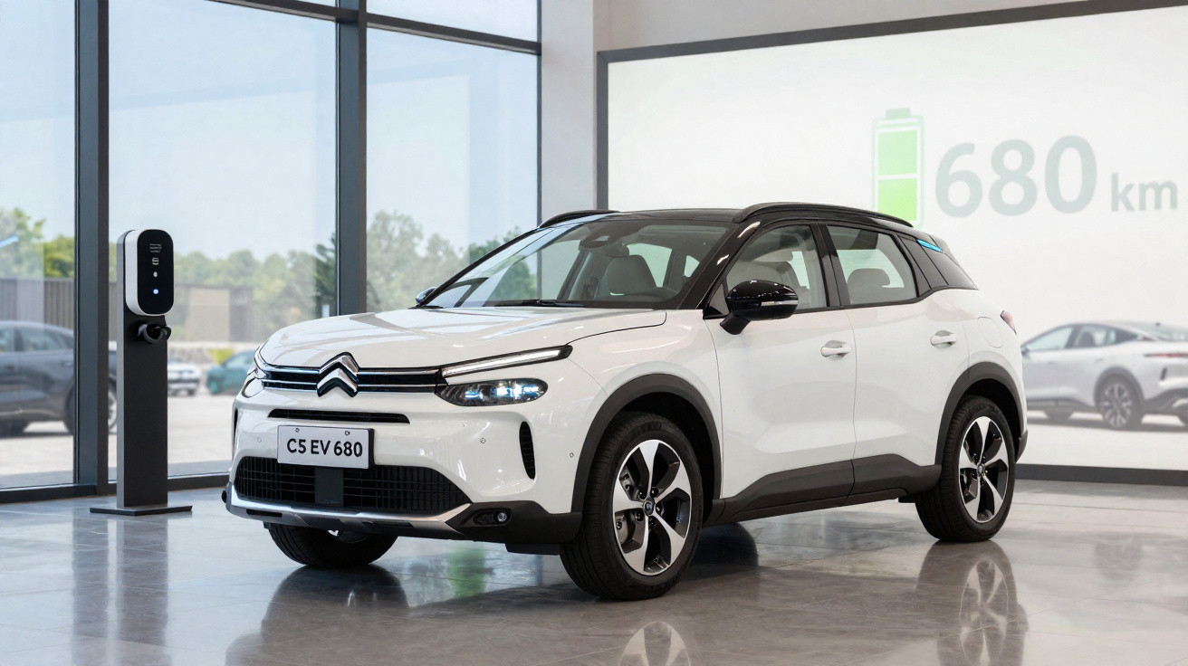 Carro elétrico Citroën C5 EV 680 branco em showroom moderno com indicador de autonomia de 680 km.