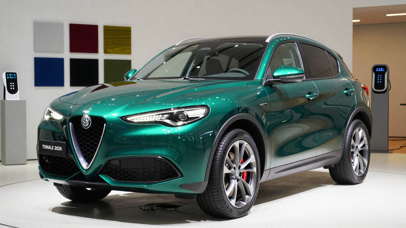 Carro SUV esportivo verde metálico Alfa Romeo Tonale 2026 exibido em salão de automóveis.
