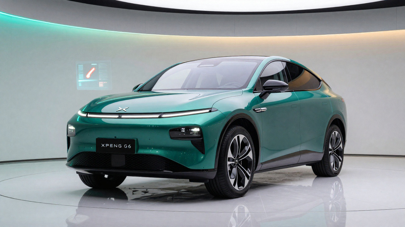 Carro elétrico XPeng G6 verde em exposição, com design moderno e luzes de LED acesas.