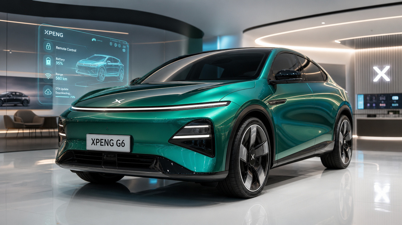 Carro elétrico verde XPENG G6 exibido em showroom moderno com interface digital ao fundo.