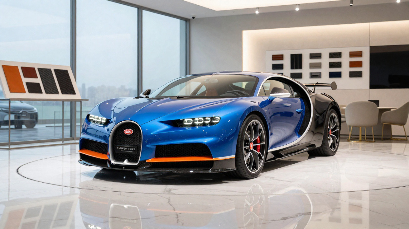 Carro esportivo Bugatti Chiron azul e preto exibido em showroom moderno e iluminado.