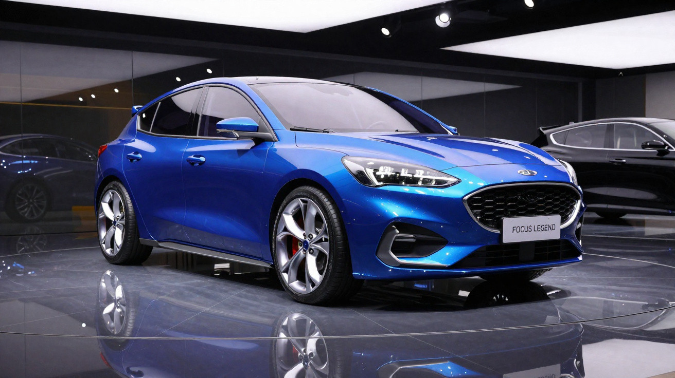 Carro Ford Focus Legend azul exposto em showroom moderno com piso refletivo e iluminação direta.