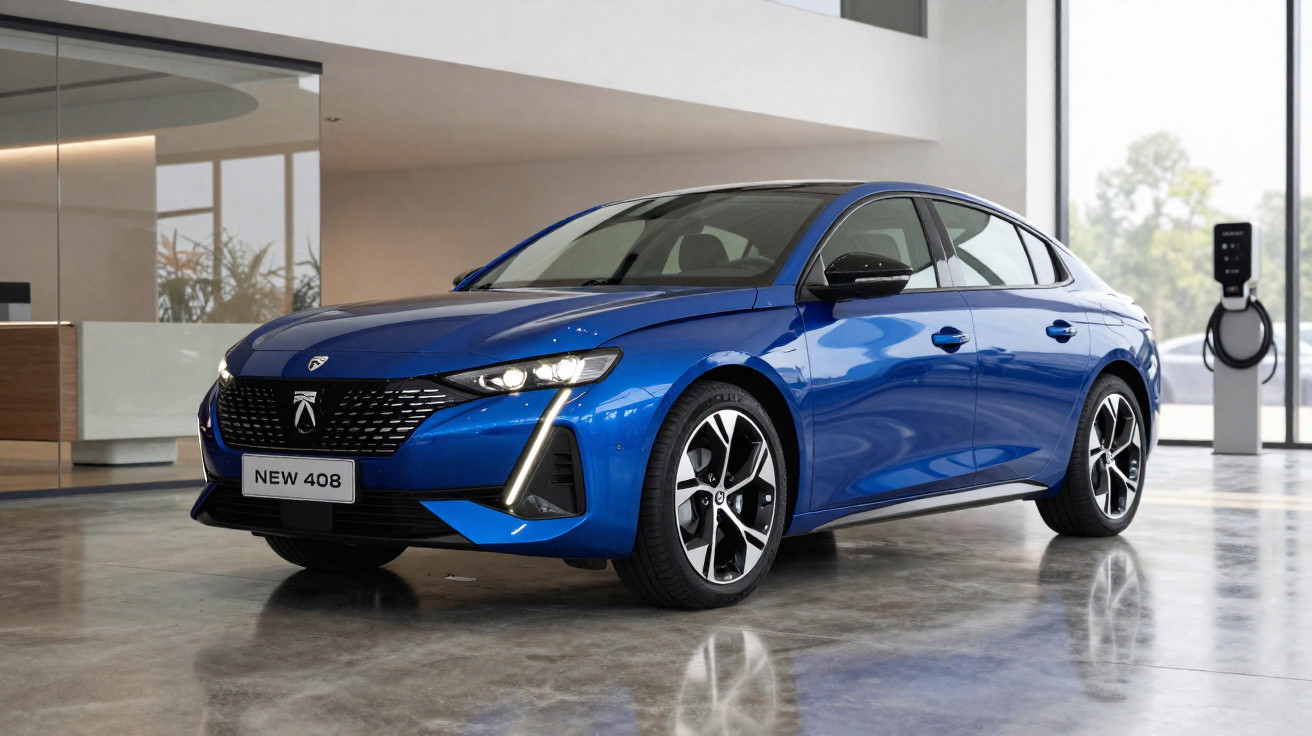 Carro azul Peugeot New 408 estacionado em piso de concreto polido com parede de vidro ao fundo.