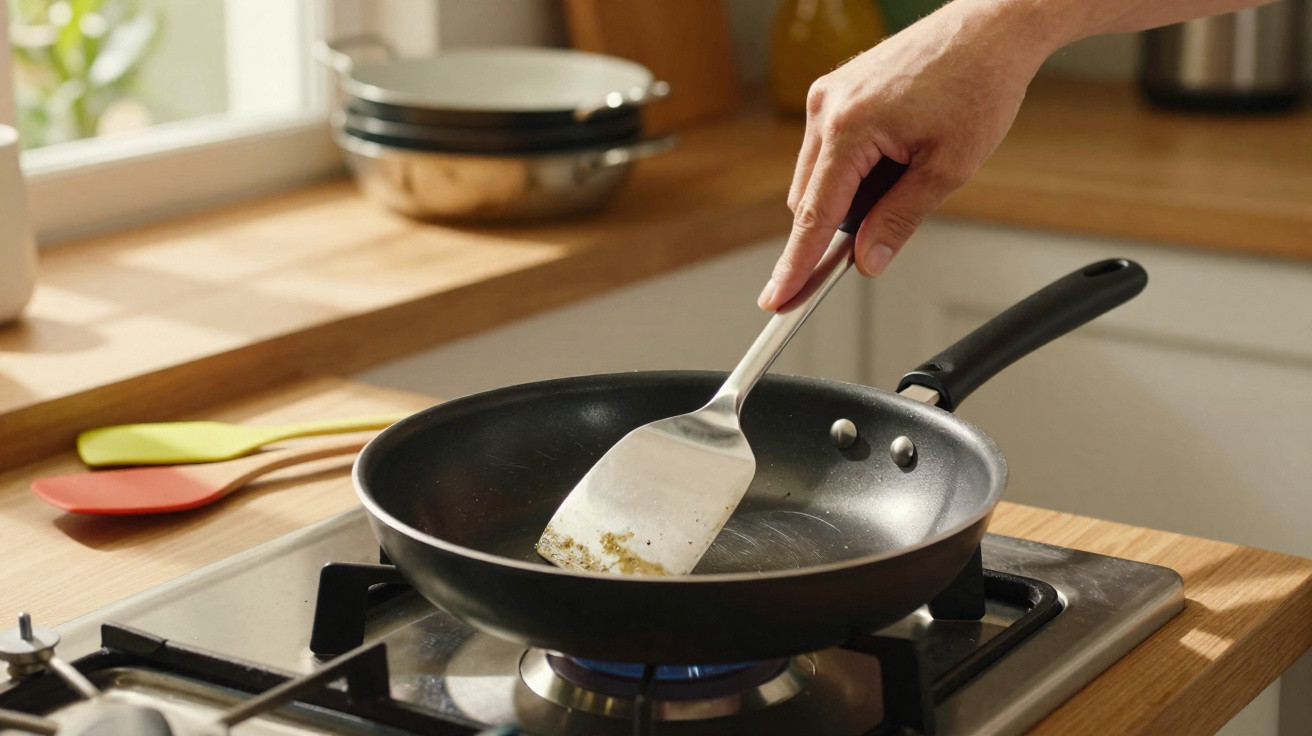 Mão mexendo uma frigideira preta sobre fogão a gás em cozinha iluminada por luz natural.