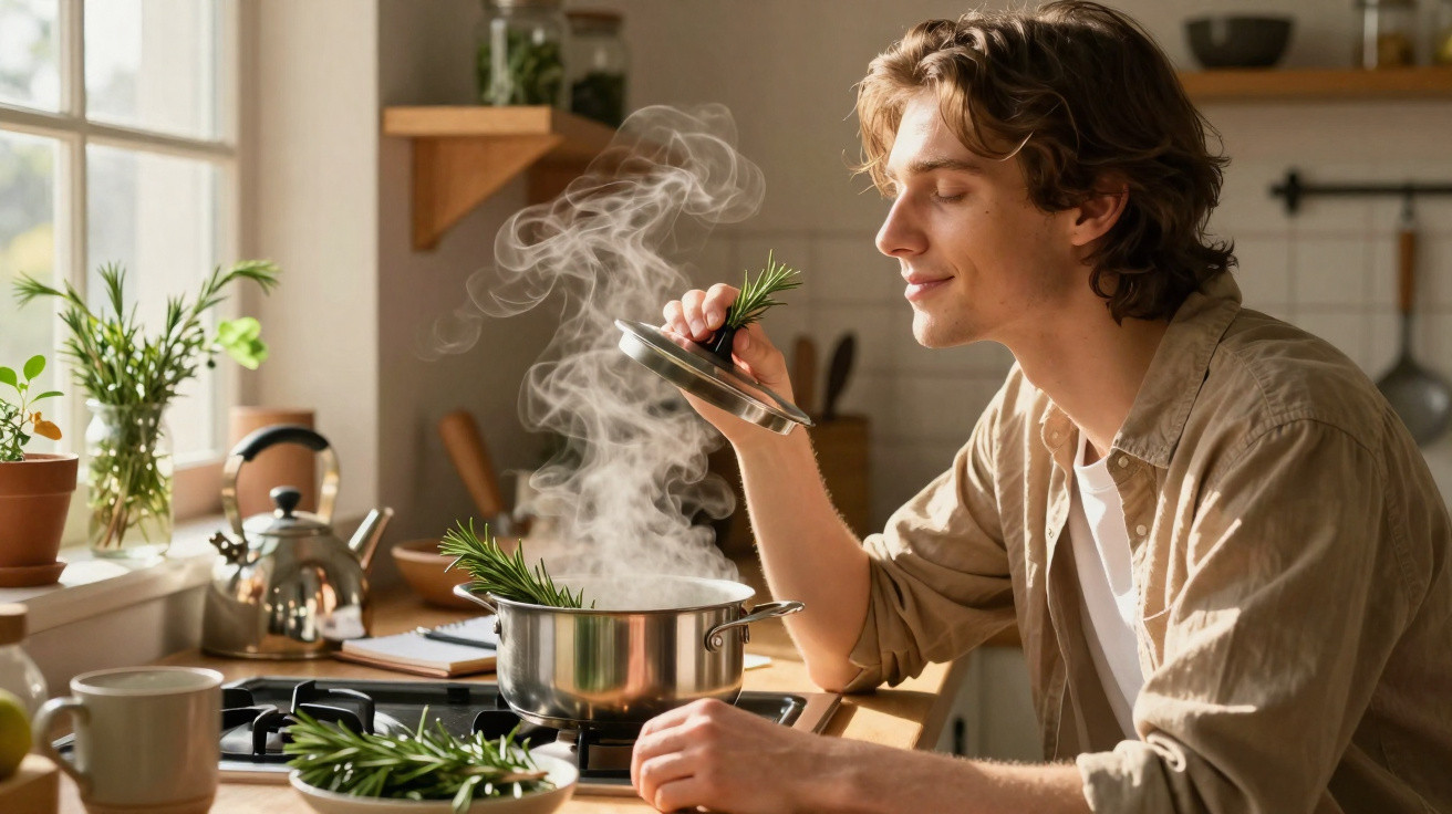Jovem sentindo o aroma de ervas em panela fervente na cozinha iluminada pela luz natural.
