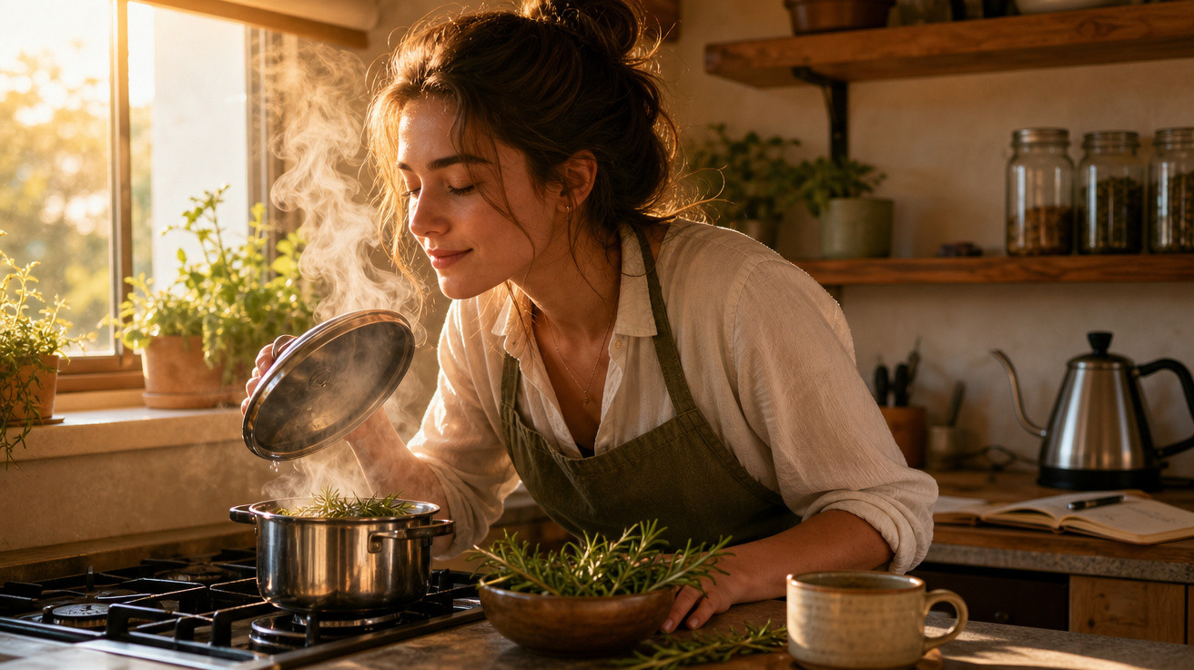 Mulher cheirando ervas frescas em panela com vapor, cozinhando em cozinha iluminada pelo sol.