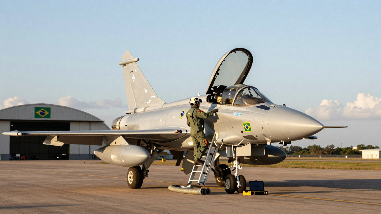 Caça militar com piloto na escada, hangar com bandeira do Brasil ao fundo em pista de aeronaves.