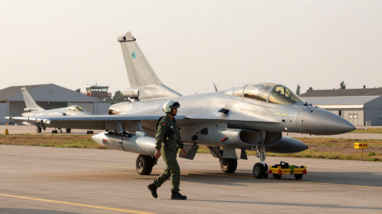Caça F-16 estacionado no solo com piloto caminhando ao lado em base aérea ao entardecer.