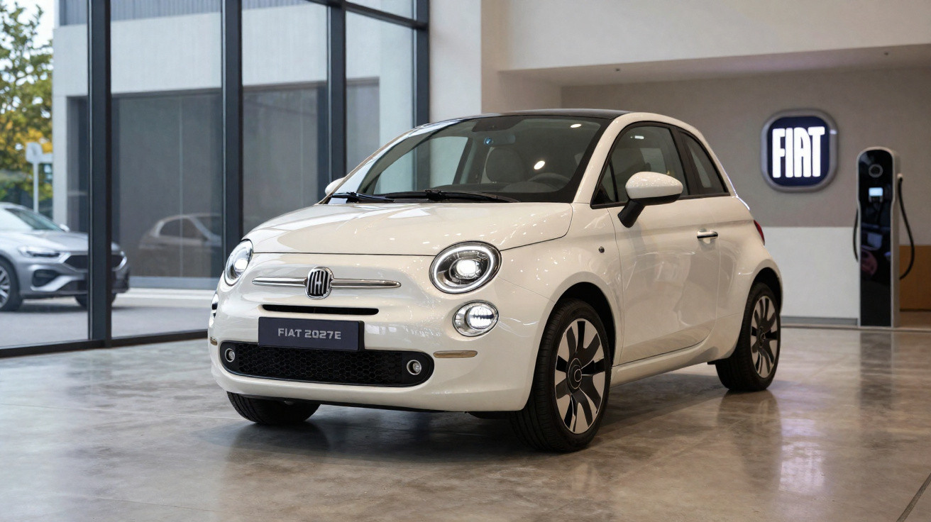 Carro elétrico branco Fiat 2027E em showroom moderno com logo Fiat na parede.