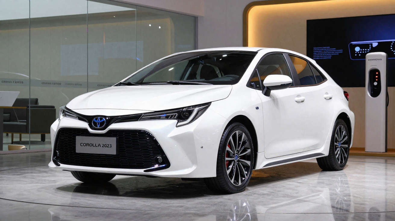 Carro branco Toyota Corolla 2023 exposto em showroom moderno com estação de carregamento ao fundo.