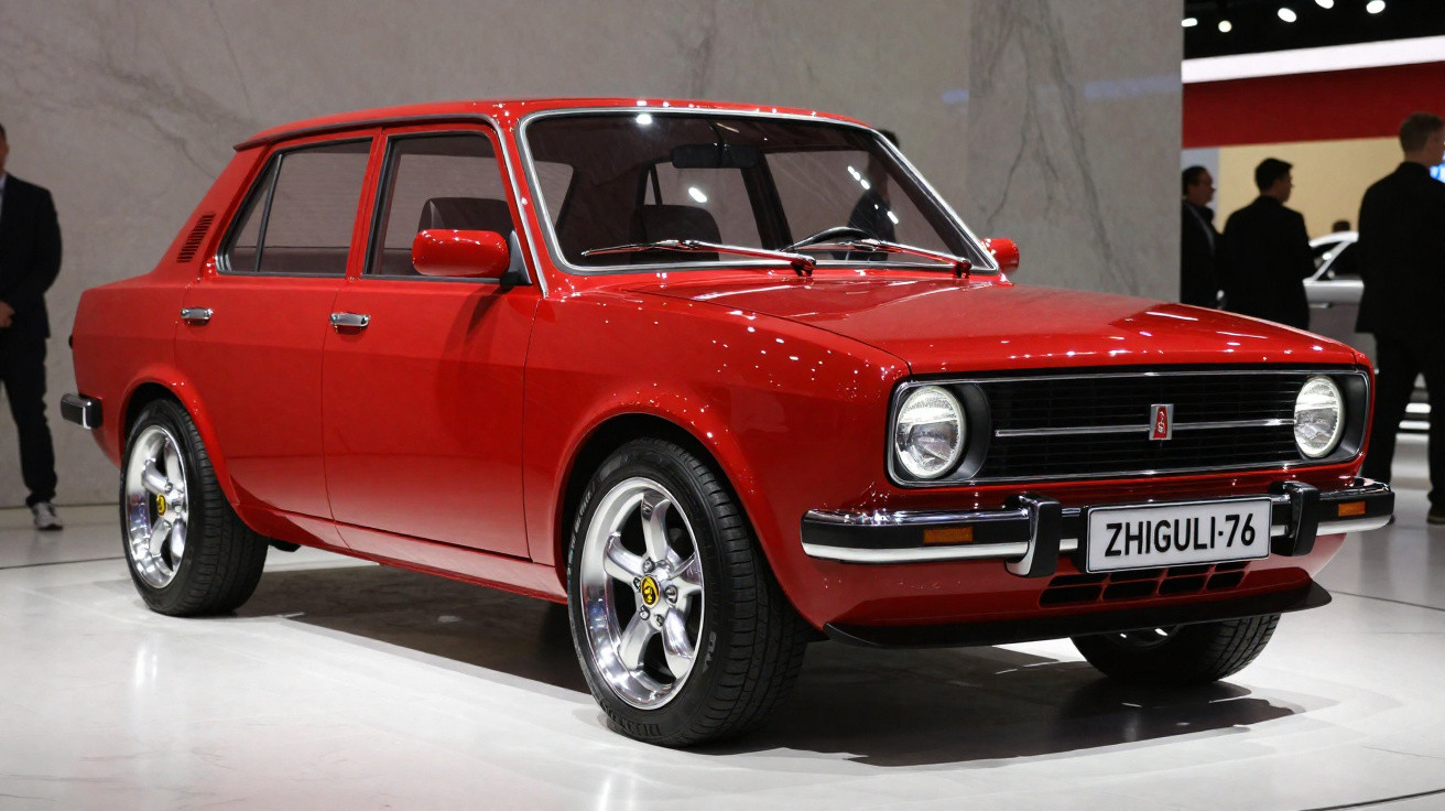 Carro antigo vermelho modelo Zhiguli-76 exibido em salão com fundo neutro e pessoas ao redor.
