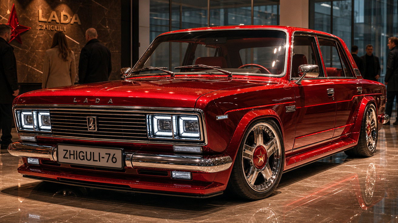 Carro Lada Zhiguli-76 vermelho clássico em exposição interna com rodas esportivas cromadas