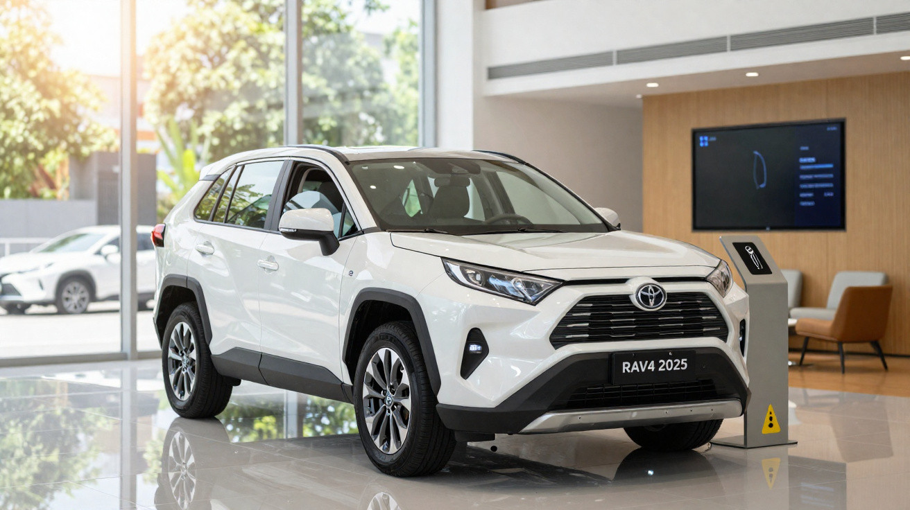 Carro SUV branco Toyota RAV4 2025 exposto em showroom moderno e iluminado.