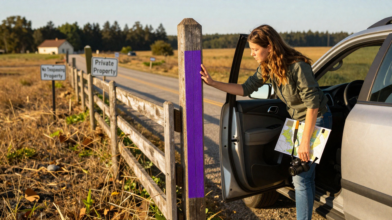 Mulher com mapa e câmera saindo do carro e tocando em uma placa com faixa roxa em estrada rural.