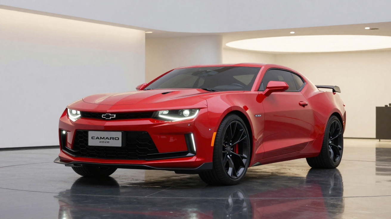 Carro esportivo Chevrolet Camaro vermelho 2016 em ambiente interno e moderno, com rodas pretas.