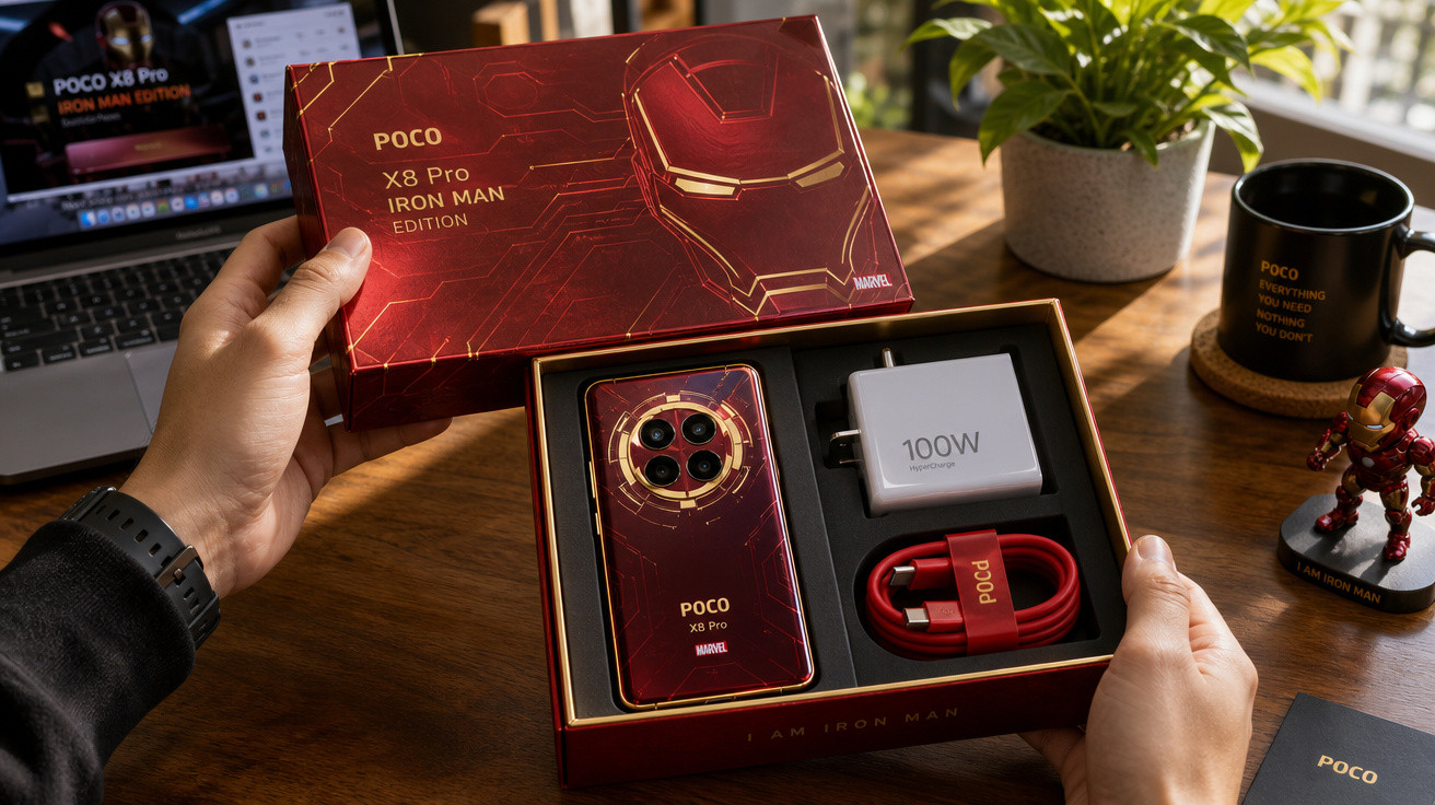 Pessoa segurando caixa aberta do POCO X8 Pro Iron Man Edition com celular, carregador e cabo sobre mesa de madeira com laptop