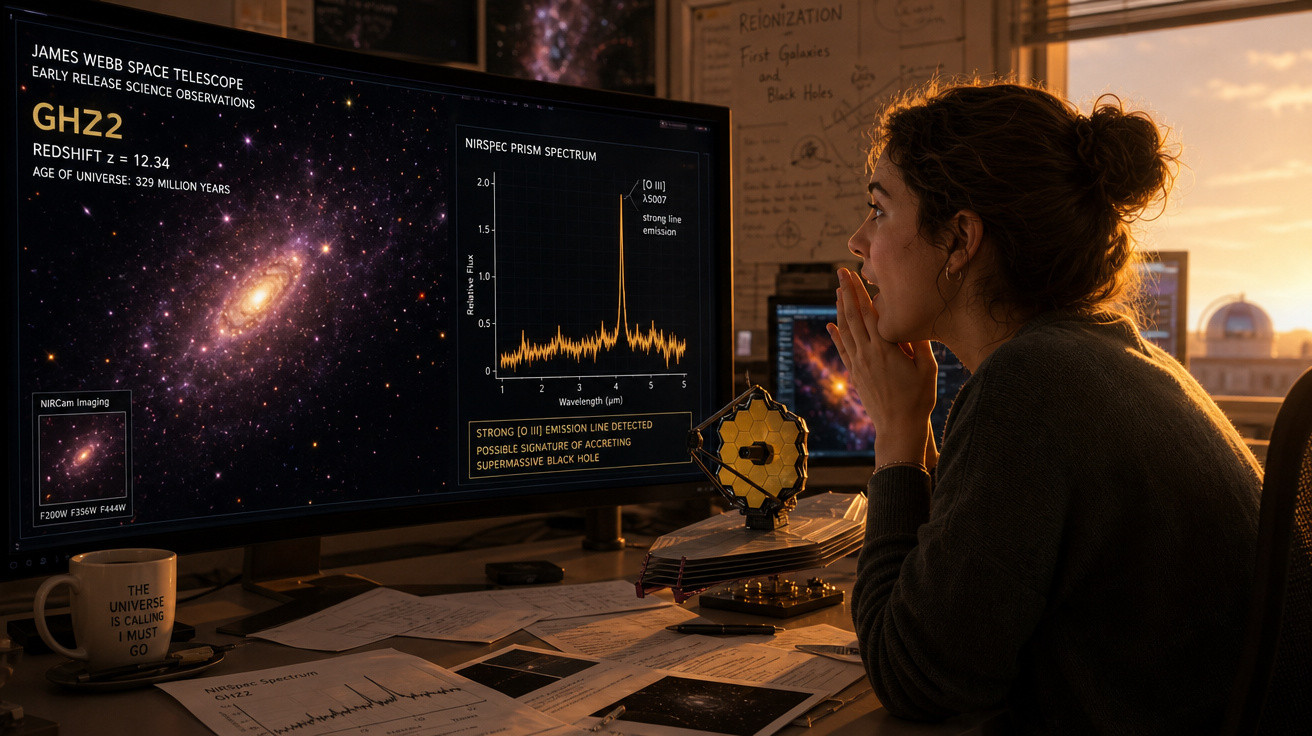 Mulher analisa dados do telescópio James Webb sobre galáxia GHZ2 em computador, ao pôr do sol.